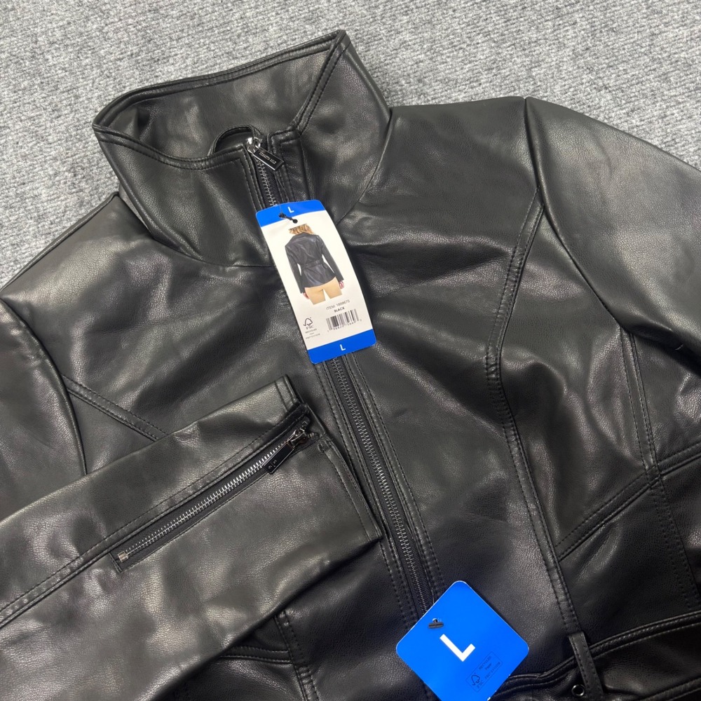 Kenneth Cole Faux Leather Jacket Large Black Belted Moto Zip Front Womens NWT